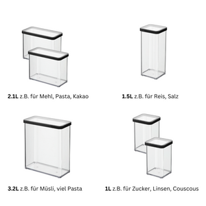 Sechs durchsichtige rechteckige Rotho Vorratsdosen-Set LOFT schwarz mit schwarzen Deckeln und deutschen Etiketten, ideal für die Organisation von trockenen Lebensmitteln wie Nudeln oder Reis. Das Set bietet die Größen 3,2 l, 1,5 l und 1 l für die perfekte Aufbewahrung in der Speisekammer.