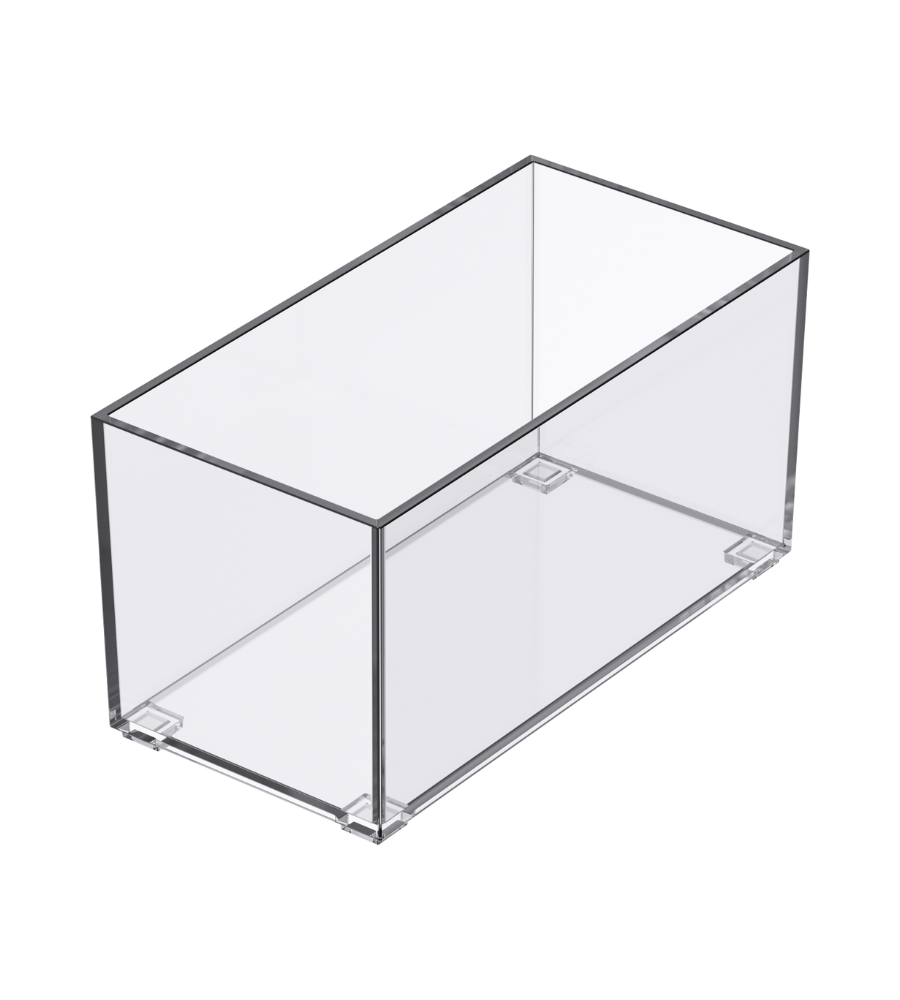 Der SLIDE Schubladen Organizer KLAR - HOCH von BNB x VCN ist eine klare, rechteckige Acrylbox mit offenem Top und stapelbarem Design. Transparent und leer zeigt sie ihre einfache Struktur und scharfen Kanten vor weißem Hintergrund.
