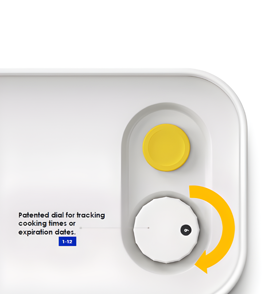 A close-up of the BNB x VCN DATEMATE storage jar KLAR White with cooking time timer. Text: The patented scale shows the cooking time or expiration date (1-12). An orange arrow indicates that the timer scale rotates clockwise. Available in various sizes.