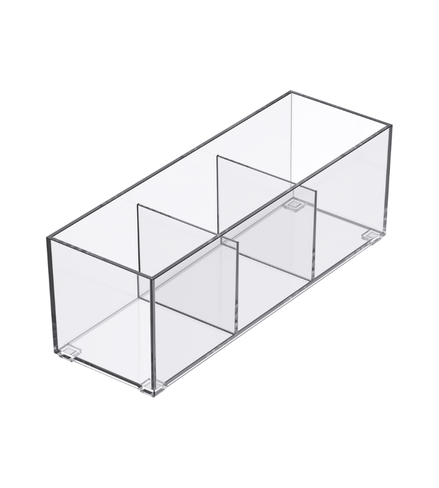 Der SLIDE Schubladen Organizer KLAR - HOCH div. Grössen von BNB x VCN ist ein klarer, rechteckiger Acryl-Organizer mit drei Trennwänden, die vier Fächer für eine einfache Schubladenorganisation schaffen, abgebildet auf einem schlichten weißen Hintergrund.