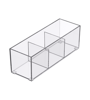 Der SLIDE Schubladen Organizer KLAR - HOCH div. Grössen von BNB x VCN ist ein klarer, rechteckiger Acryl-Organizer mit drei Trennwänden, die vier Fächer für eine einfache Schubladenorganisation schaffen, abgebildet auf einem schlichten weißen Hintergrund.