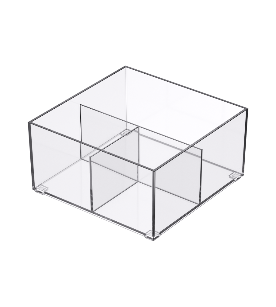 Der SLIDE Schubladen Organizer KLAR - HOCH div. Grössen von BNB x VCN ist ein klarer, quadratischer Acryl-Organizer mit vier vertikal unterteilten Fächern, der perfekt für die Ordnung in Schubladen ist. Hier abgebildet auf weißem Hintergrund.