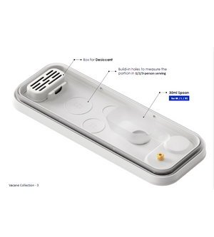 The DATEMATE KLAR White storage container with cooking time timer from BNB x VCN features a desiccant box, portion holes (1/2/3), a 30 ml spoon for M/L/XL sizes, is stackable and airtight. Part of the Vacane collection - 3.