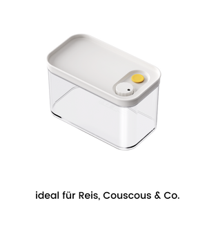The image shows a transparent, stackable DATEMATE storage container KLAR White from BNB x VCN with a white lid and yellow timer button on a white background. The German text underneath reads: ideal for rice, couscous, etc.