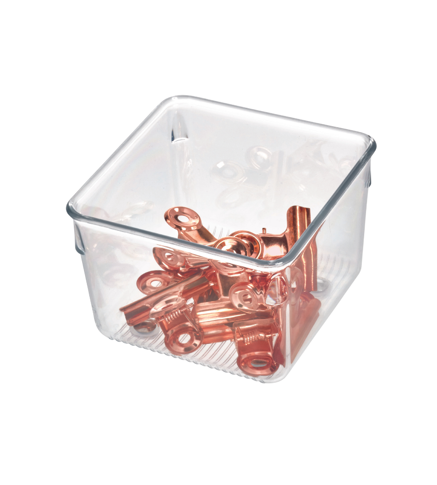 A clear, square LINUS drawer organizer HIGH by iDesign holds several metallic copper clips, seen from above on a white background.