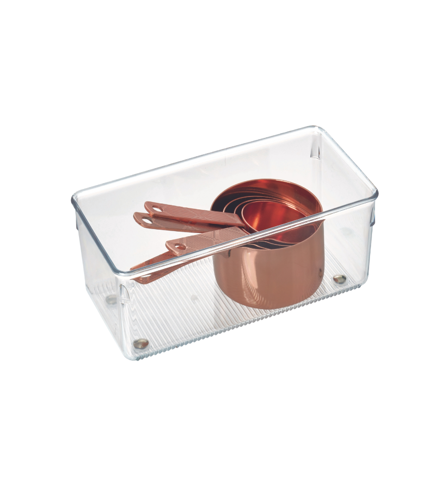 An iDesign LINUS - HIGH drawer organizer in a clear rectangular shape holds nested copper measuring cups with handles, depicted on a white background.
