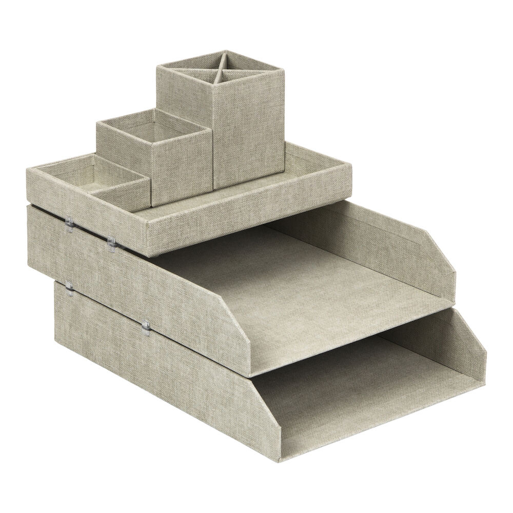 Das Bigso HAKAN Dokumentenablage Set 2 Stk. - Leinen Canvas in beige hat zwei A4 Ablagefächer und vier unterschiedlich große, stapelbare Behälter zum Ordnen von Bürobedarf.
