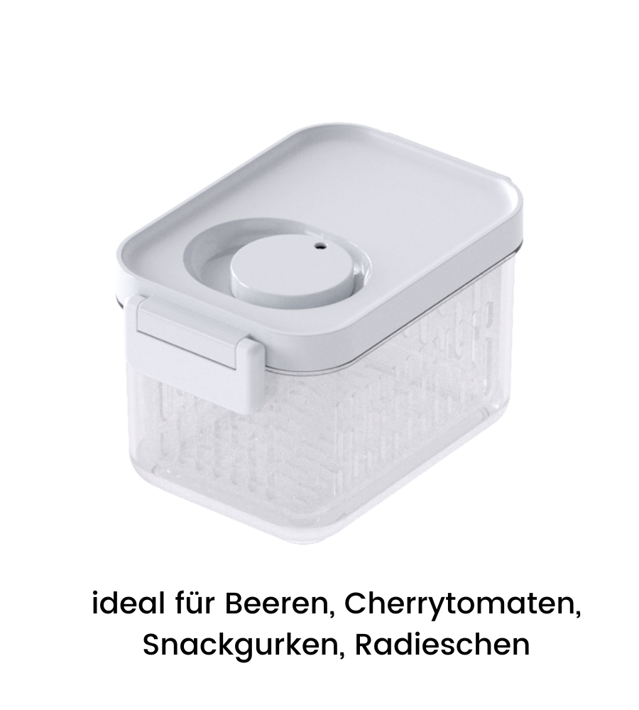 Die DATEMATE Frischhaltebox von BNB x VCN ist transparent, hat einen weißen Deckel, einen Haltbarkeits-Timer und ist stapelbar. Ideal für Beeren, Kirschtomaten, Snackgurken und Radieschen. Erhältlich in verschiedenen Größen.