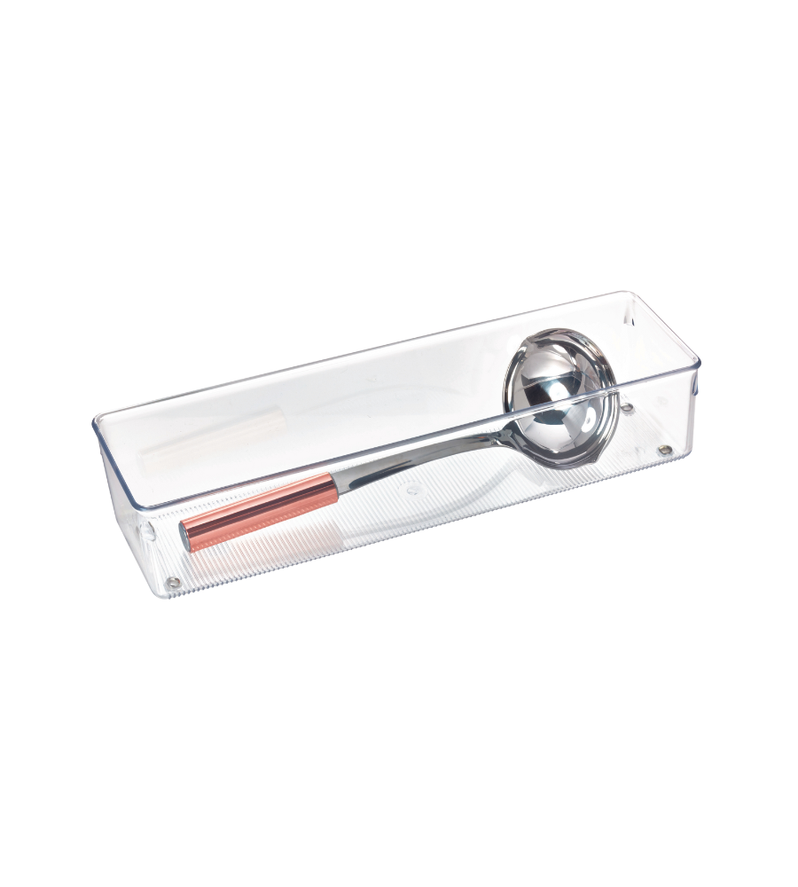 A clear rectangular iDesign LINUS - drawer organizer HIGH houses a metal ice cream scoop with a pink handle, depicted on a white background.