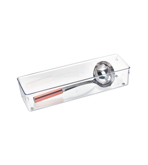 A clear rectangular iDesign LINUS - drawer organizer HIGH houses a metal ice cream scoop with a pink handle, depicted on a white background.