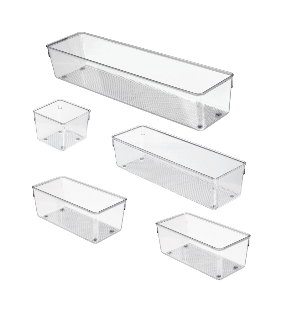 Das iDesign Schubladen Organizer-Set LINUS - HOCH (5-teilig) besteht aus drei rechteckigen und zwei quadratischen Kunststoffbehältern in verschiedenen Größen, die sich ideal zum Organisieren von Schubladen eignen. Alle fünf Teile sind übersichtlich auf einem weißen Hintergrund angeordnet.
