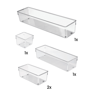 Das iDesign Schubladen Organizer-Set LINUS - HOCH (5-teilig) enthält fünf transparente Behälter - einen kleinen, einen mittleren, zwei große und einen extragroßen - perfekt für die Schubladenordnung. Alle Artikel sind auf weißem Hintergrund abgebildet und mit Mengenangaben versehen.