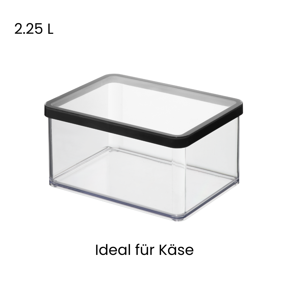 Transparent box with black lid, text "2.25 L, Ideal for cheese."