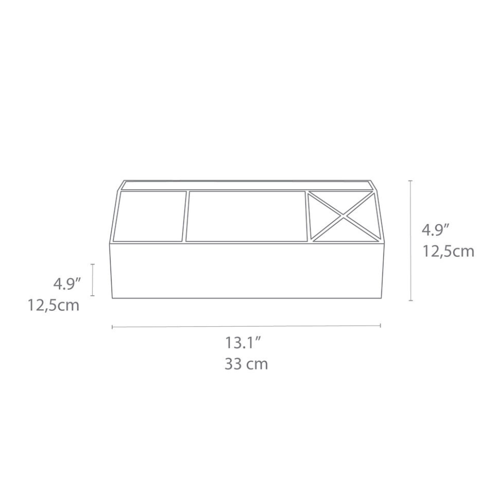 Strichzeichnung des Bigso ELISA Schreibtisch Organizer - Linnen Canvas in Beige, 12,5 cm hoch und 33 cm breit, mit Inneneinteilung - ideal für die Schreibtischorganisation. Die Abmessungen sind zur besseren Orientierung von vorne dargestellt.