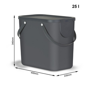 Das Rotho ALBULA Recycling Müllsystem 25L - Anthrazit ist ein stapelbarer, rechteckiger Behälter mit Deckel und seitlichen Griffen (400x235x340mm), perfekt für die Abfalltrennung in Ihrem Recyclingsystem. Fassungsvermögen: 25 Liter.