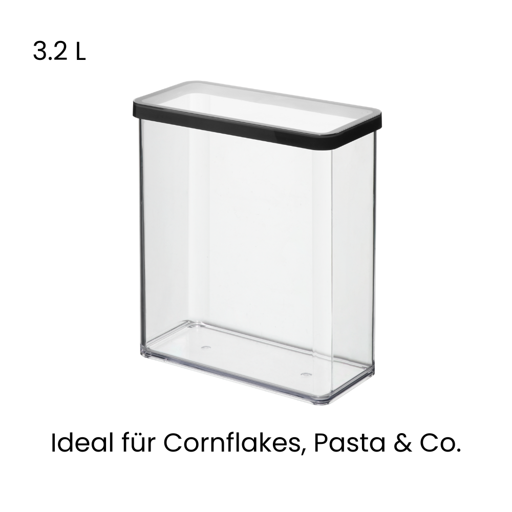 Kunststoffbehälter 3.2 L, Text „Ideal für Cornflakes, Pasta & Co.“, leer.