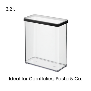 Kunststoffbehälter 3.2 L, Text „Ideal für Cornflakes, Pasta & Co.“, leer.