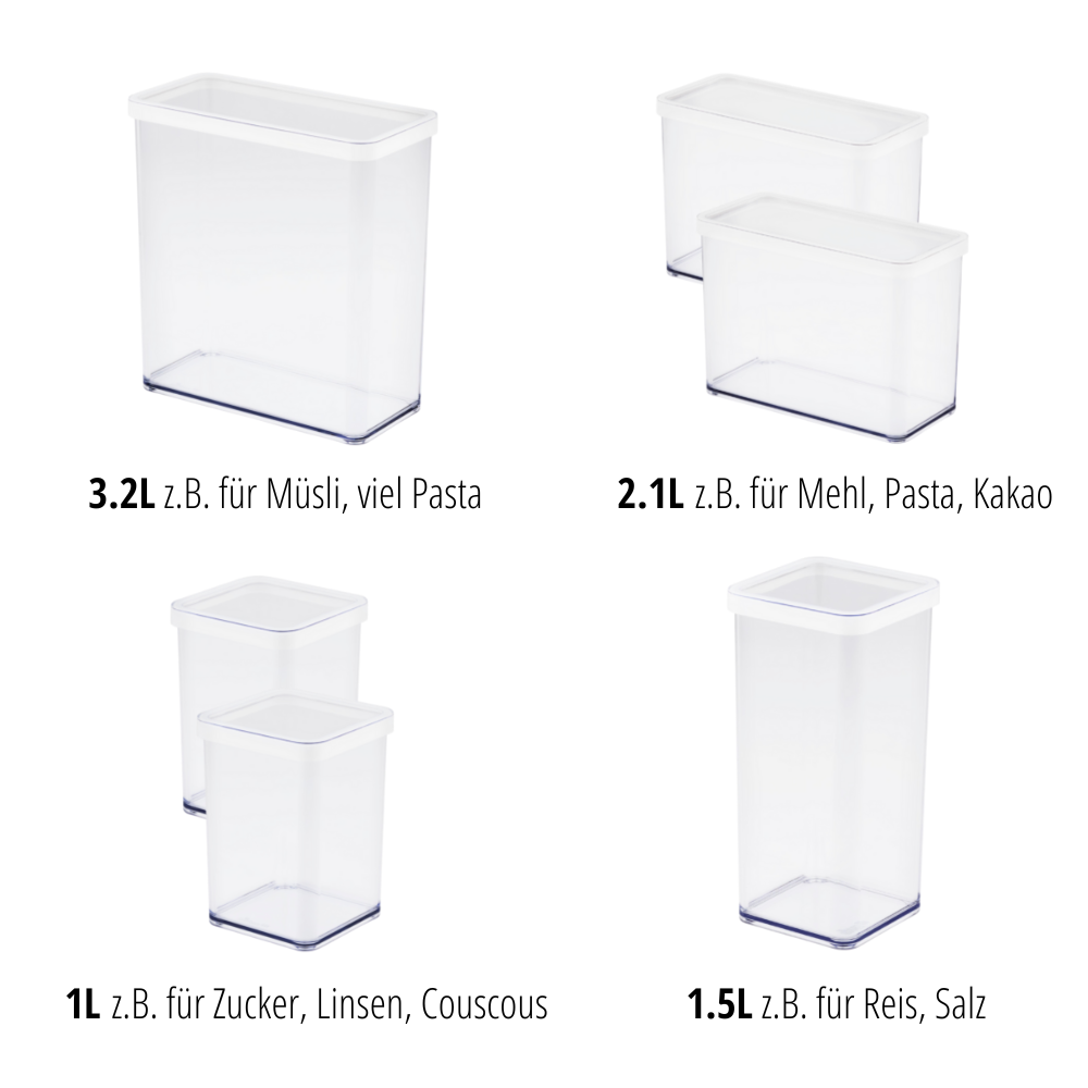 Das 6-teilige Vorratsdosen-Set LOFT von Rotho hält deinen Vorratsschrank ordentlich. Die transparenten Dosen (1-3,2 l) sind auf Deutsch beschriftet und ideal für Müsli, Pasta, Mehl oder Zucker.