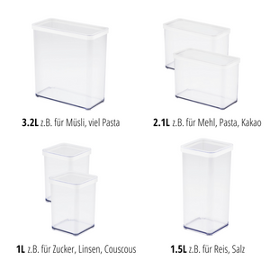 Das 6-teilige Vorratsdosen-Set LOFT von Rotho hält deinen Vorratsschrank ordentlich. Die transparenten Dosen (1-3,2 l) sind auf Deutsch beschriftet und ideal für Müsli, Pasta, Mehl oder Zucker.