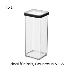 Transparenter Behälter 1.5 L, schwarzer Deckel, Text „Ideal für Reis“.