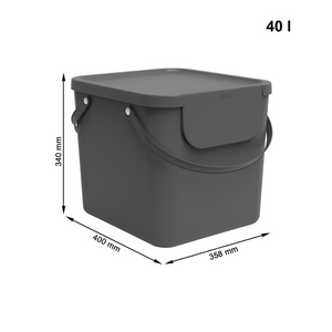 Das Rotho ALBULA Recycling Müllsystem 40L in Anthrazit ist ein dunkelgrauer rechteckiger Kunststoffbehälter mit Deckel und Griff, perfekt für die Abfalltrennung in stapelbaren Mülleimern. Abmessungen: 400 x 358 x 340 mm (B/T/H). Fassungsvermögen: 40 Liter.
