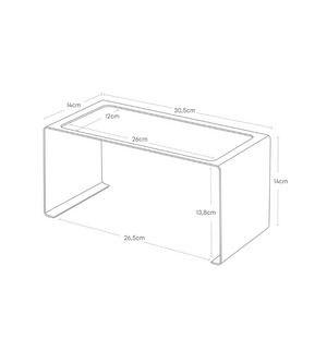 Strichzeichnung des TOWER Küchenregals SCHMAL - Weiss von YAMAZAKI, Maße: 30,5 cm breit, 14 cm hoch, 26,5 cm tief mit Innenmaßen - ideal für eine effiziente Küchenaufbewahrung.