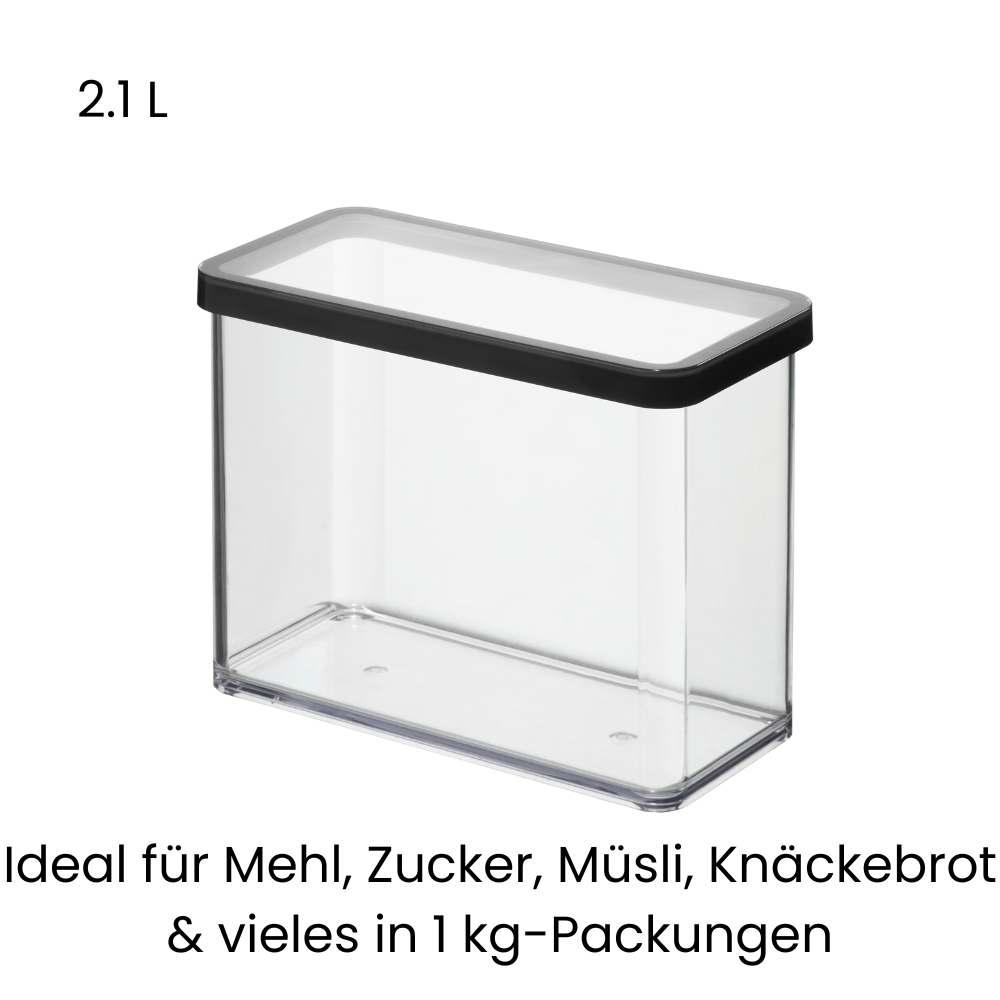 Rechteckige Kunststoffdose 2.1 L, schwarzer Deckel, für Mehl und Müsli.
