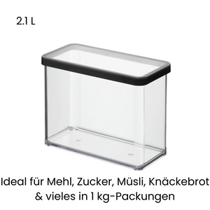 Rechteckige Kunststoffdose 2.1 L, schwarzer Deckel, für Mehl und Müsli.
