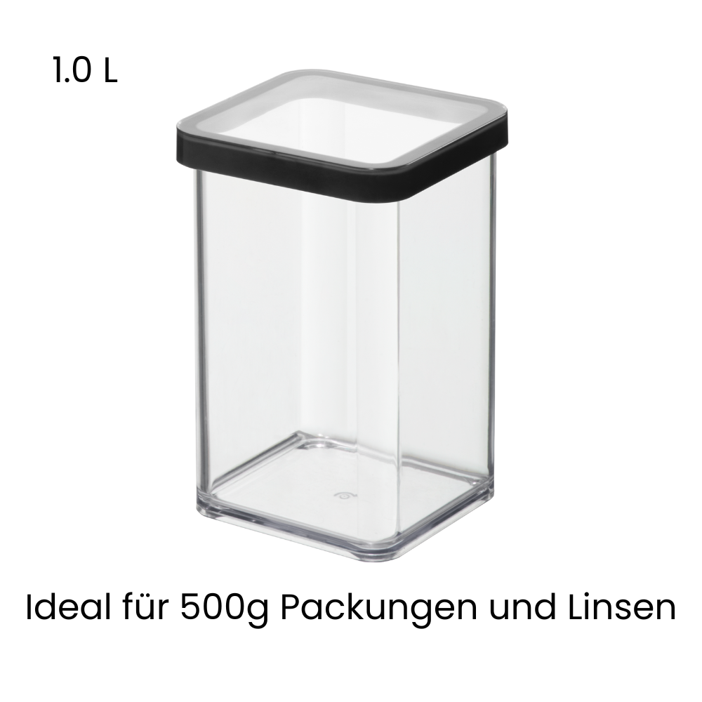 Clear container 1.0 L with lid, suitable for lentils.