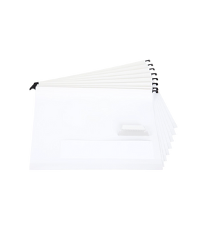 Die Bigso JOHAN Hängemappen 8 Stk. - Weiss sind weiße A4-Hängemappen, perfekt für die Organisation von Dokumenten, aufgefächert auf einem schlichten weißen Hintergrund dargestellt.