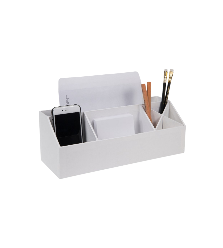 Weiße Schreibtisch-Organizer-Box, hält Smartphone, Umschläge, Stifte und Notizzettel.