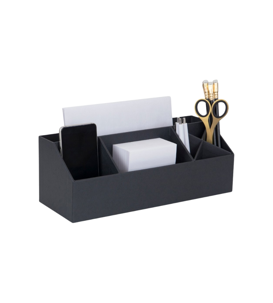 Schwarzer Desktop-Organizer hält Telefon, Notizzettel, Stifte und Schere auf einem Tisch.