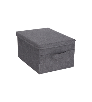 Die Bigso SOFT Aufbewahrungsbox Grau S (35x26x19cm) ist stapelbar, rechteckig, aus Stoff mit Deckel und Frontgriff, zusammenklappbar und auf weißem Hintergrund platziert.