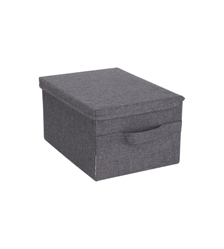 Die Bigso SOFT Aufbewahrungsbox Grau S (35x26x19cm) ist stapelbar, rechteckig, aus Stoff mit Deckel und Frontgriff, zusammenklappbar und auf weißem Hintergrund platziert.