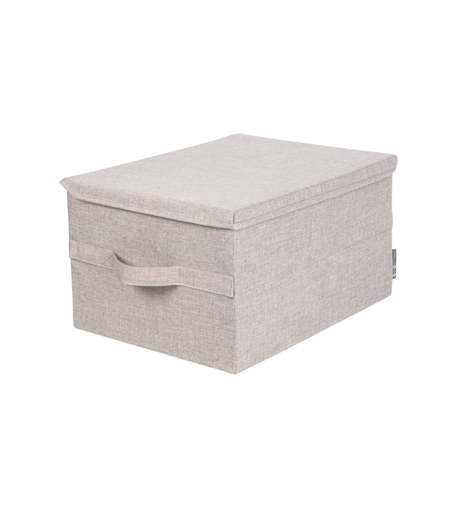 Die Bigso SOFT Aufbewahrungsbox Beige L (45x34x25cm) ist eine rechteckige, faltbare Aufbewahrungsbox mit einem Deckel und einem Griff an der Vorderseite, abgebildet auf einem schlichten weißen Hintergrund.