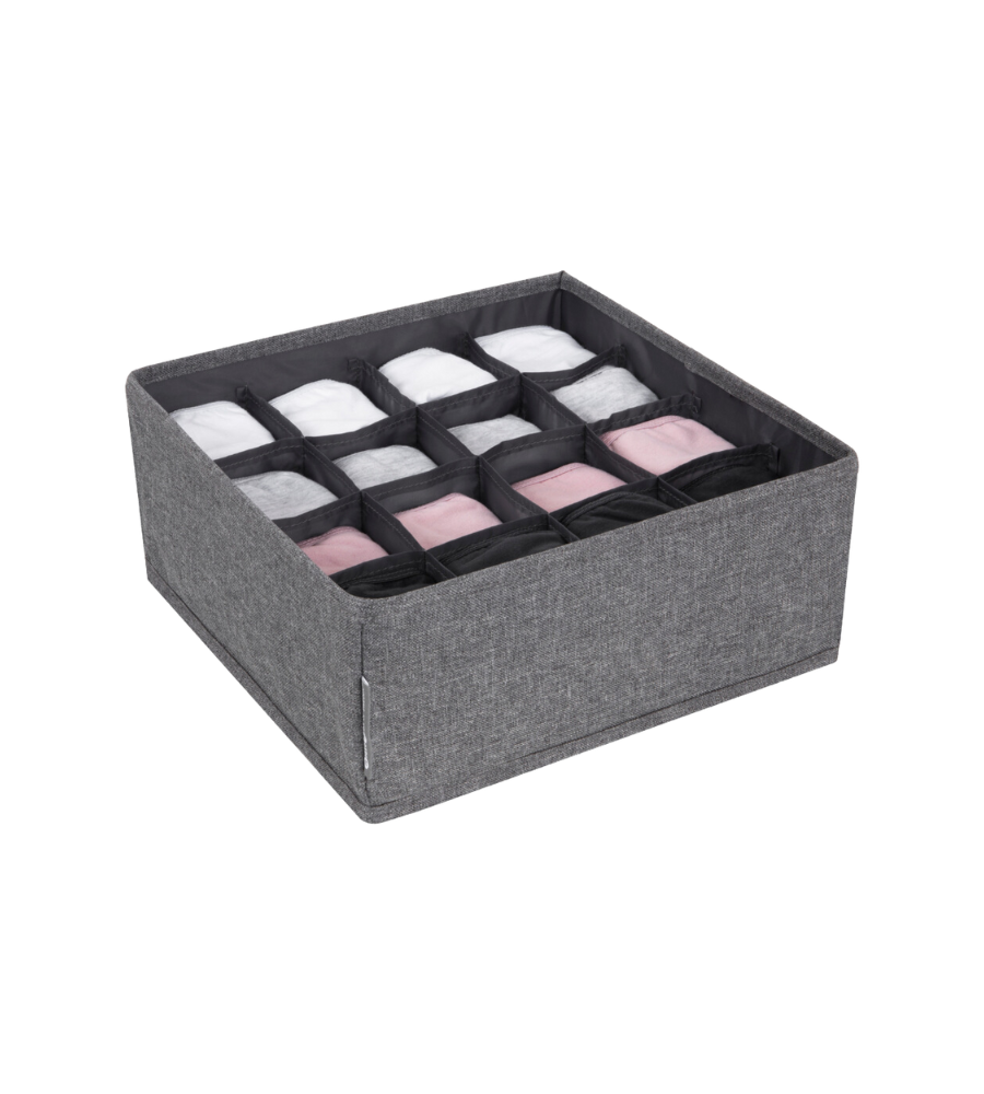 Der Bigso SOFT Organizer Grau – 16 Fächer hält Kleidung in Weiß, Rosa und Schwarz ordentlich gefaltet und getrennt für eine einfache Aufbewahrung.