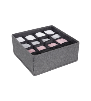 Der Bigso SOFT Organizer Grau – 16 Fächer hält Kleidung in Weiß, Rosa und Schwarz ordentlich gefaltet und getrennt für eine einfache Aufbewahrung.