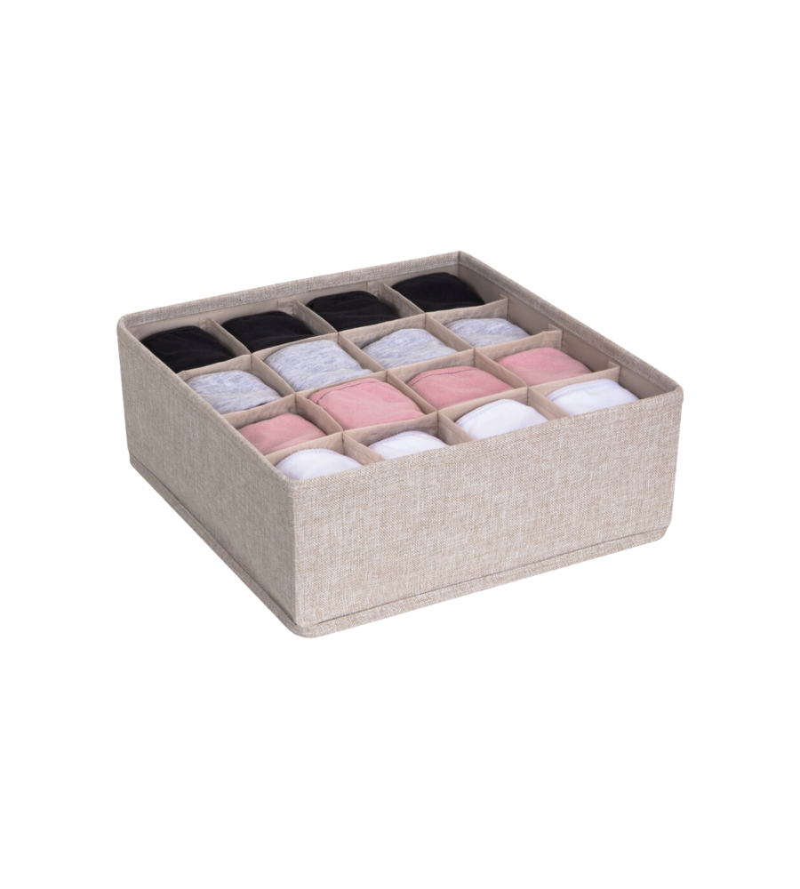 Der SOFT Organizer Beige - 16 Fächer von Bigso bietet praktische Aufbewahrung für Kleidung in Schwarz, Grau, Rosa und Weiß. Das zusammenklappbare Design hält Ihren Raum ordentlich und organisiert.