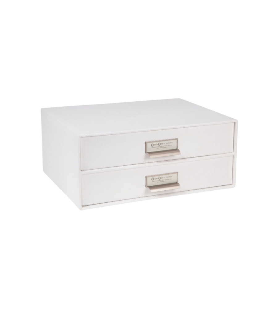 Die Bigso BIRGER Schubladenbox 2 Fächer in Weiß ist mit zwei Schubladen, Etikettenhaltern und Griffen aus Metall ausgestattet und auf einem schlichten weißen Hintergrund abgebildet.