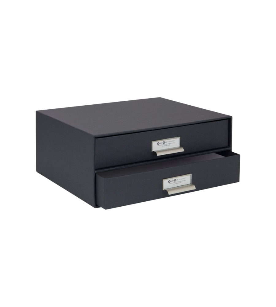 Die Bigso BIRGER Schubladenbox 2 Fächer in Dunkelgrau ist vor einem schlichten weißen Hintergrund abgebildet, die untere Schublade ist teilweise geöffnet - ideal für eine A4 Dokumentenablage.
