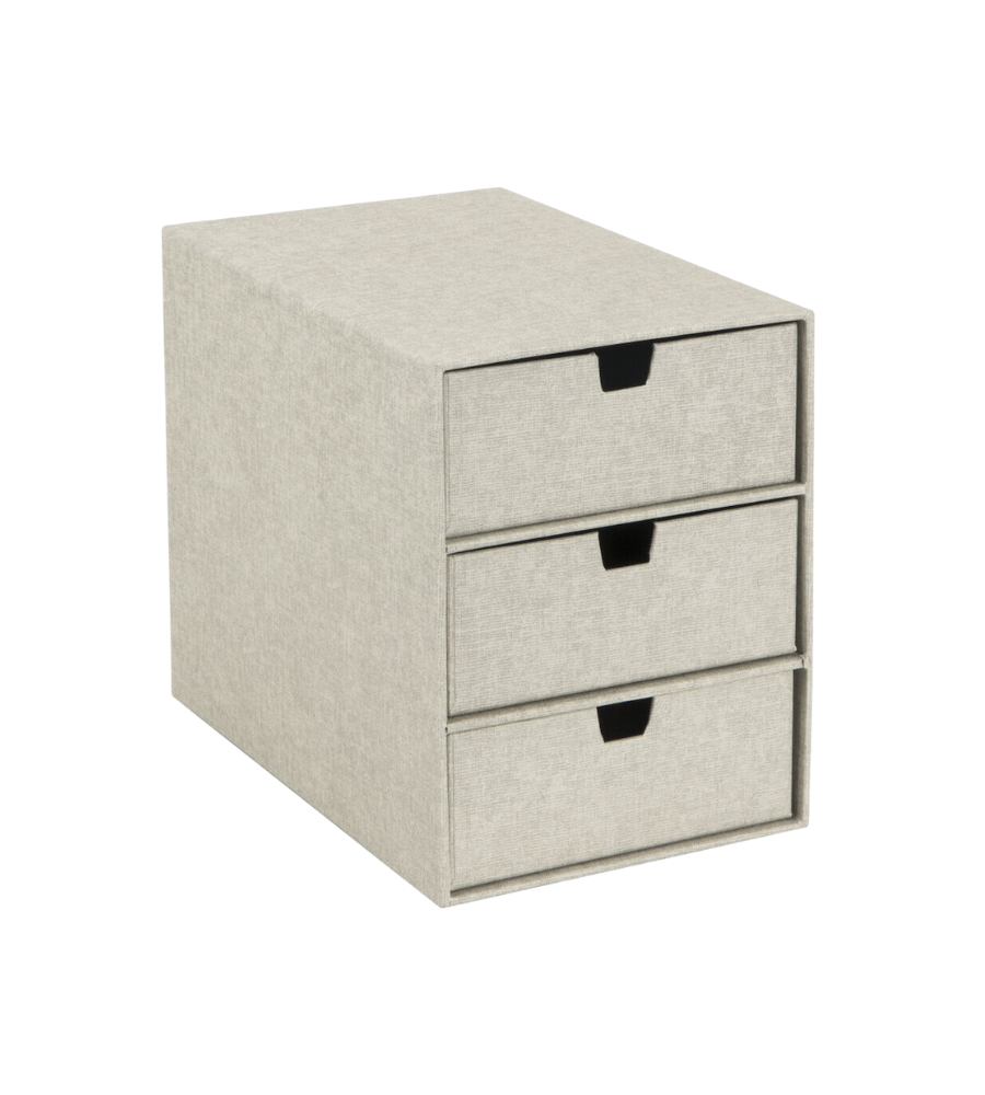 Die Bigso INGRID Schubladenbox 3 Fächer in Linnen Canvas bietet mit drei halbmondförmigen Griffen stilvolle Büroorganisation und steht vor einem schlichten weißen Hintergrund.