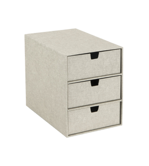 Die Bigso INGRID Schubladenbox 3 Fächer in Linnen Canvas bietet mit drei halbmondförmigen Griffen stilvolle Büroorganisation und steht vor einem schlichten weißen Hintergrund.