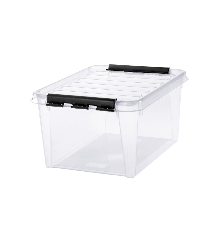 Die Orthex SmartStore Box KLAR (50x39x26cm, 31L) ist eine durchsichtige, BPA-freie Aufbewahrungsbox mit schwarzen Griffen und einem Scharnierdeckel, perfekt zum Stapeln und Organisieren Ihrer Gegenstände mit einfachem Zugriff.