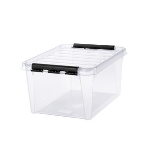 Die Orthex SmartStore Box KLAR (50x39x26cm, 31L) ist eine durchsichtige, BPA-freie Aufbewahrungsbox mit schwarzen Griffen und einem Scharnierdeckel, perfekt zum Stapeln und Organisieren Ihrer Gegenstände mit einfachem Zugriff.