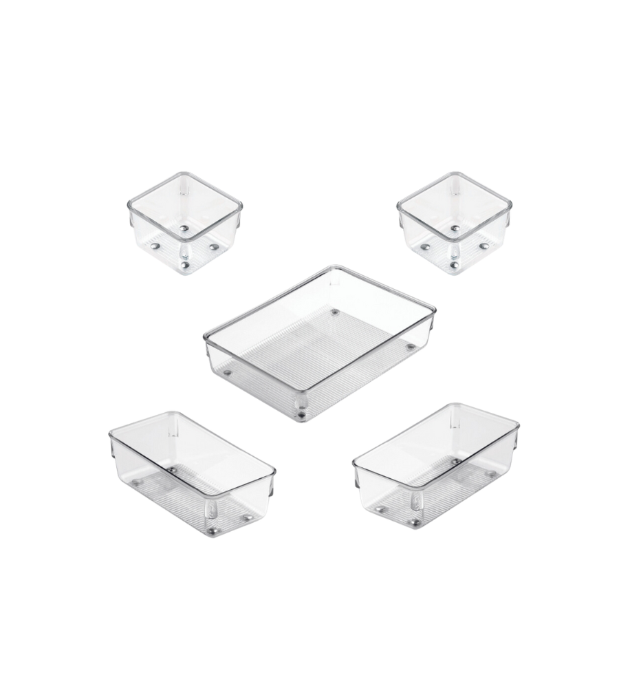 Fünf klare, rechteckige Kunststoffbehälter aus dem iDesign Schubladen Organizer-Set LINUS (5-teilig) sind auf weißem Hintergrund abgebildet - perfekt, um Ordnung in Schubladen in Ihrem Zuhause oder Büro zu schaffen.