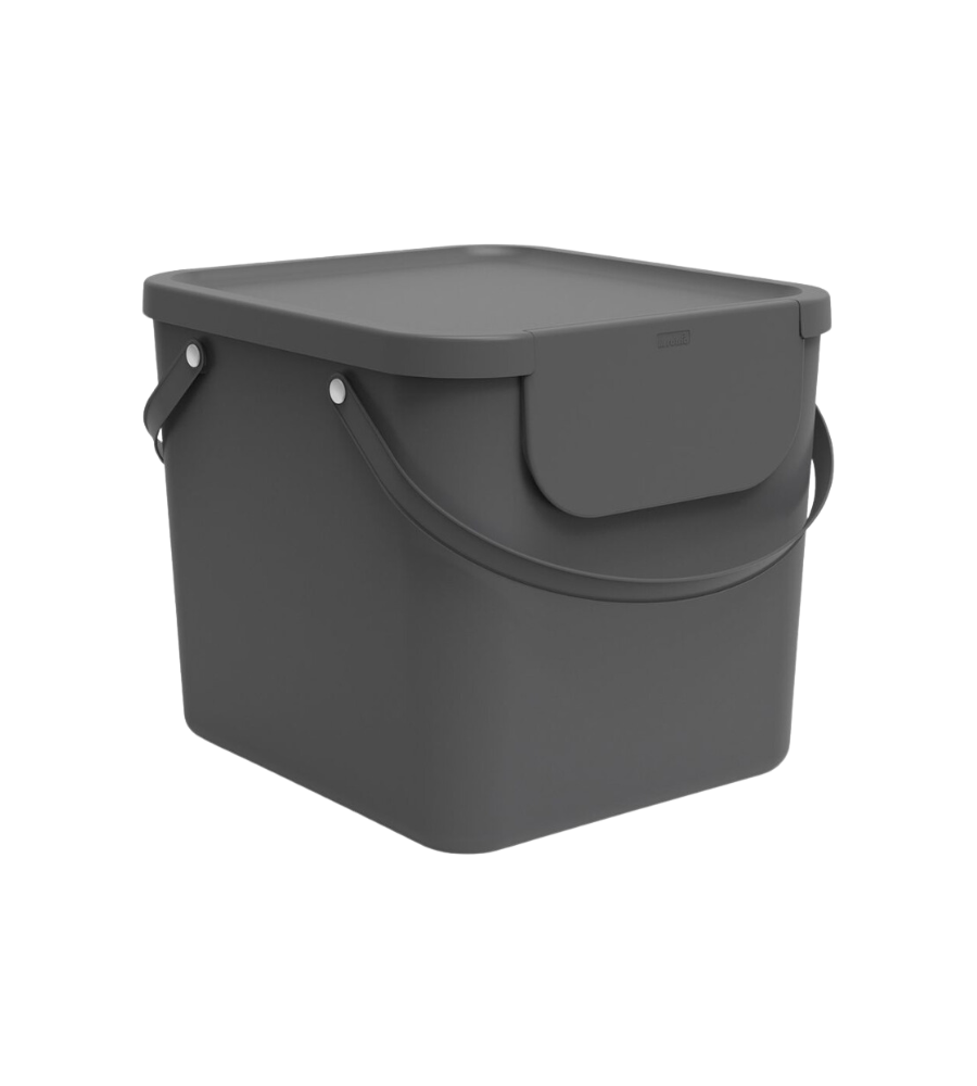 Das Rotho ALBULA Recycling Müllsystem 40L in Anthrazit ist ein dunkelgrauer, rechteckiger Kunststoffbehälter mit Deckel und Griffen - ideal für Recyclingsysteme oder als stapelbarer Behälter zur Mülltrennung.