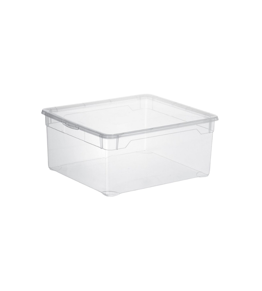 Transparente Kunststoffbox leer, stehend in neutralem Raum auf glatter Oberfläche.