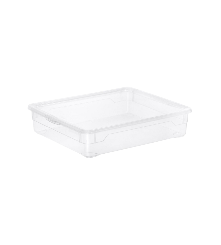 Die Rotho Aufbewahrungsbox CLEAR 9L (40x33,5x8,5cm) ist auf einem schlichten weißen Hintergrund abgebildet. Diese klare, rechteckige Kunststoff-Aufbewahrungsbox hat leicht erhöhte Ränder, keinen Deckel und ist ideal als stapelbare Box zur organisierten Aufbewahrung.