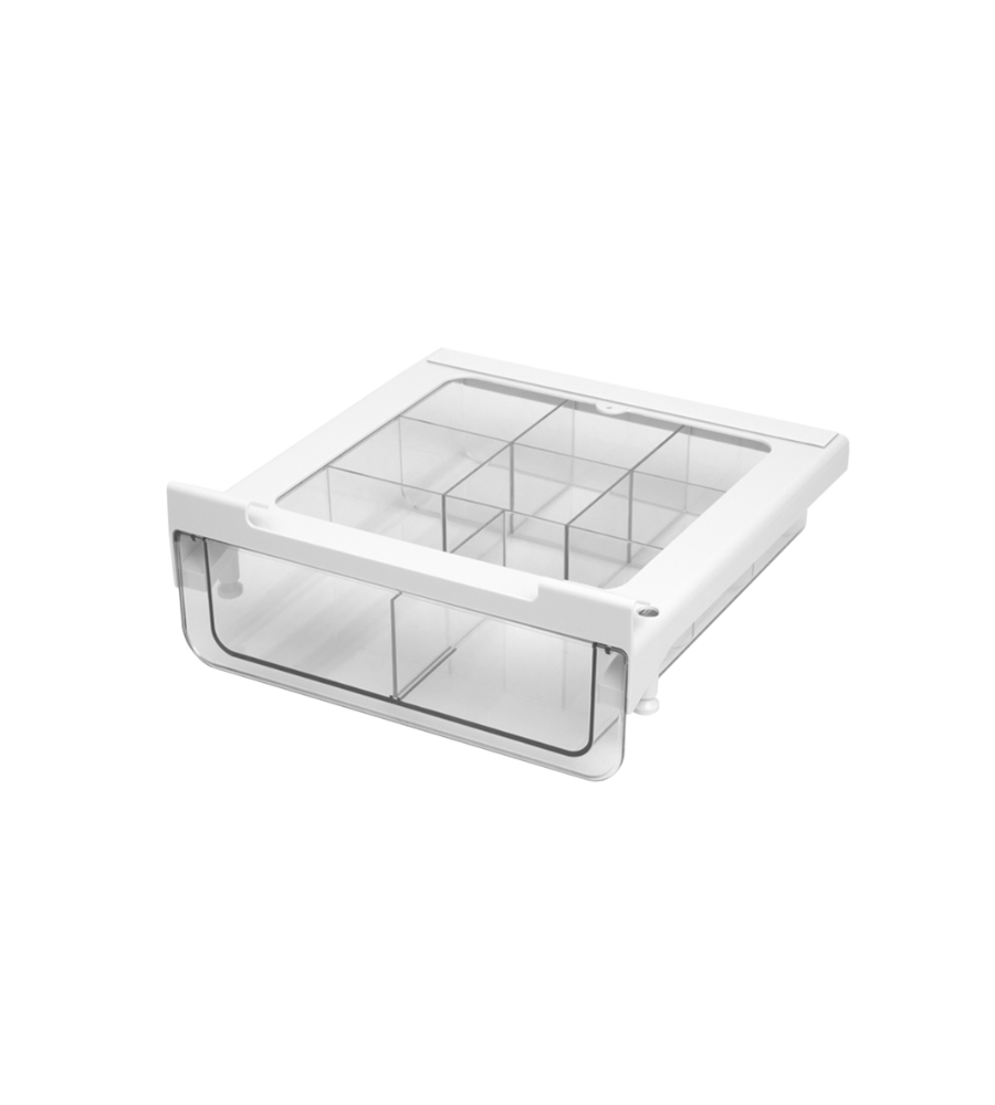 Die Unter-Regalschublade KLAR von BNB x VCN mit flexiblem Einsatz ist eine transparente Aufbewahrungslösung mit weißem Rahmen und mehreren Fächern - ideal als platzsparender Küchenschrank-Organizer. Präsentiert auf weißem Hintergrund.
