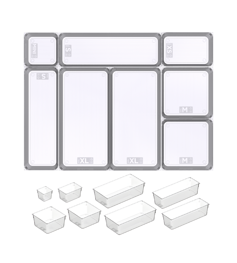 Container in verschiedenen Größen, außen beschriftet: MINI, XS, S, M, XL, transparent nebeneinander angeordnet.